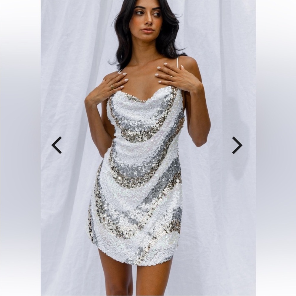 Selfie Leslie Show Me Love Cowl Neck Mini Dress Sequin Swirl White-M - Picture 2 of 7